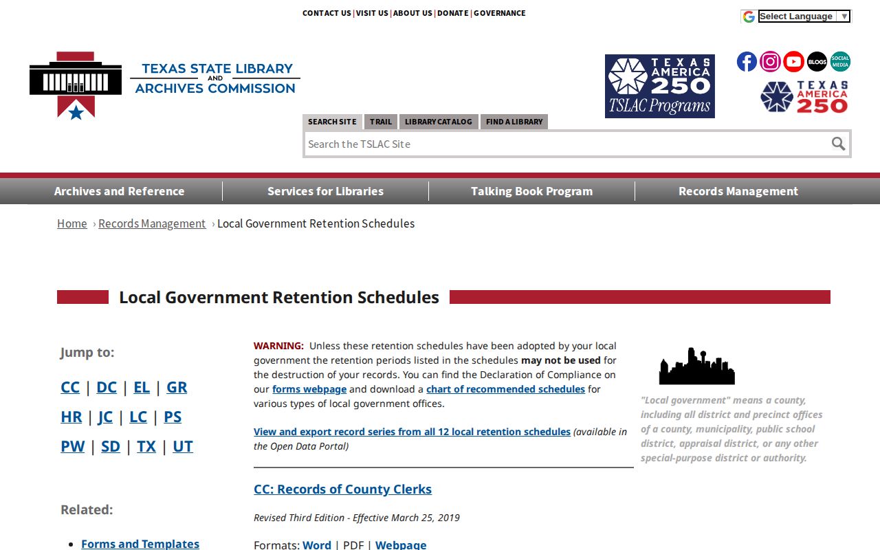 Texas local-government retention resource for Yoakum County jail release records