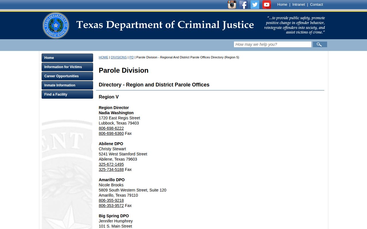 Yoakum County parole supervision Region V office directory
